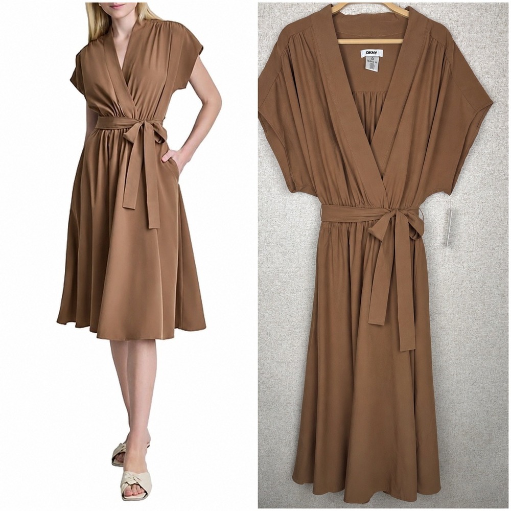 DKNY Coco Brown Faux Wrap Midi Dress NWT Size 18W Dolman Sleeve Tie Waist
